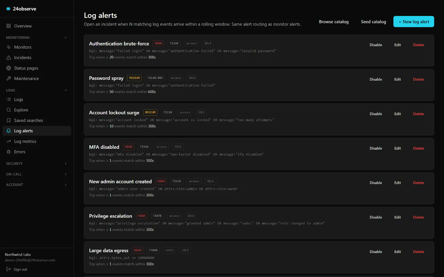 24observe dashboard — Detections · 50 rules, 10 packs