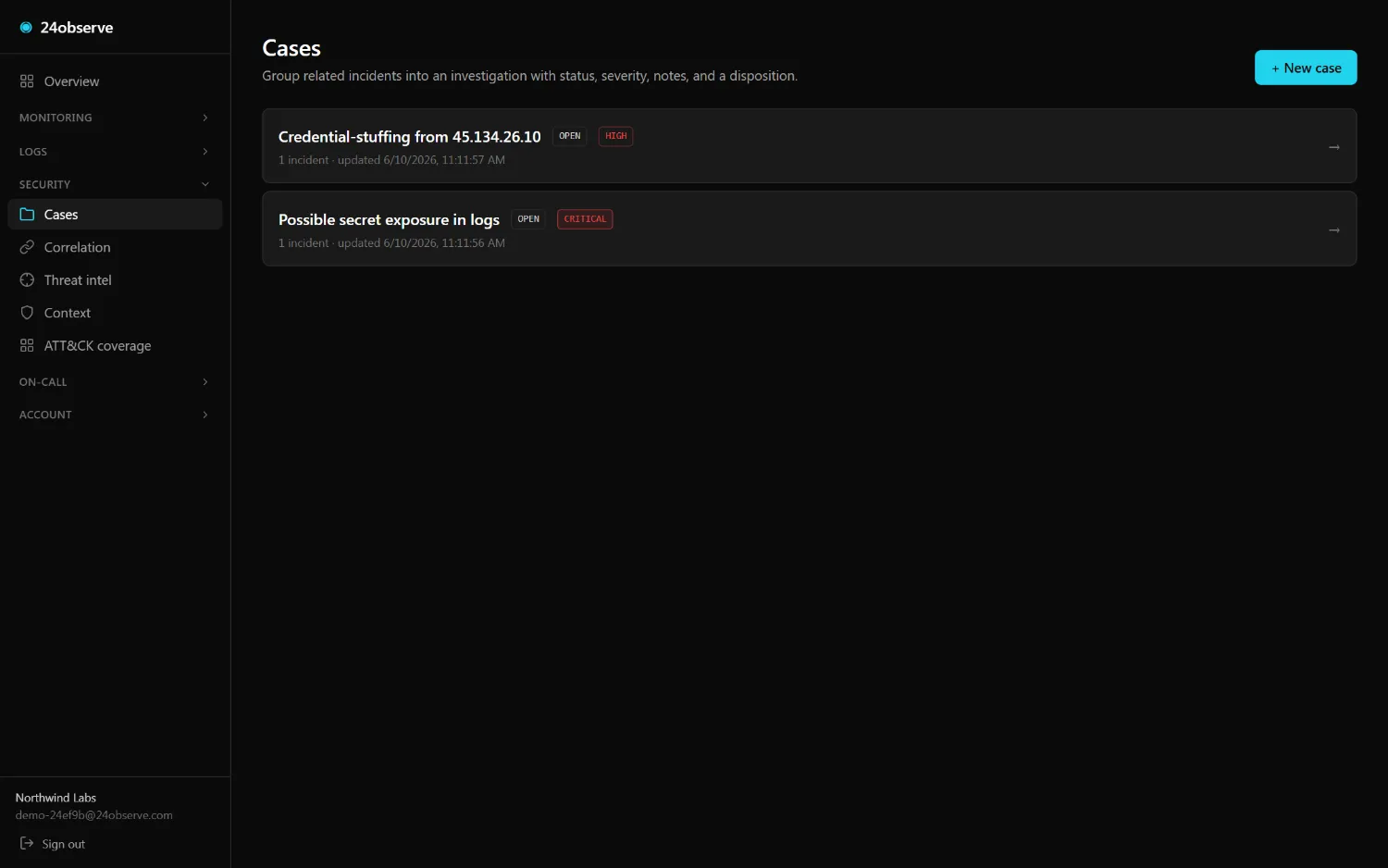 24observe dashboard — Security cases