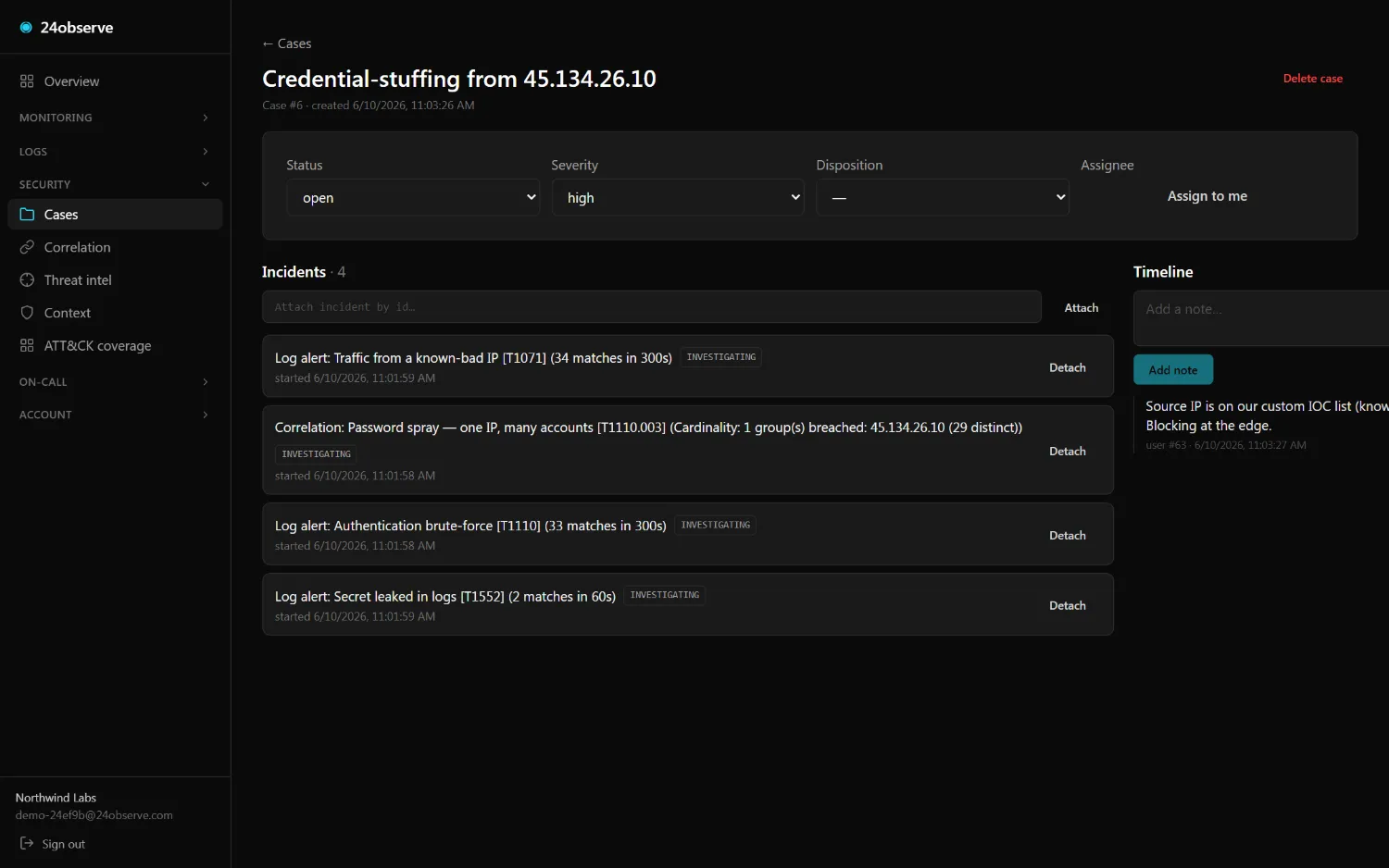 24observe dashboard — Case · incidents + notes